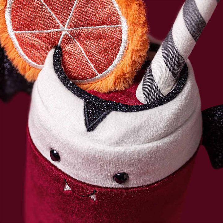 Jellycat Amuseables Vampop Drink red and cream plush Halloween drink with black bat wings, vampire fangs, orange slice and striped straw