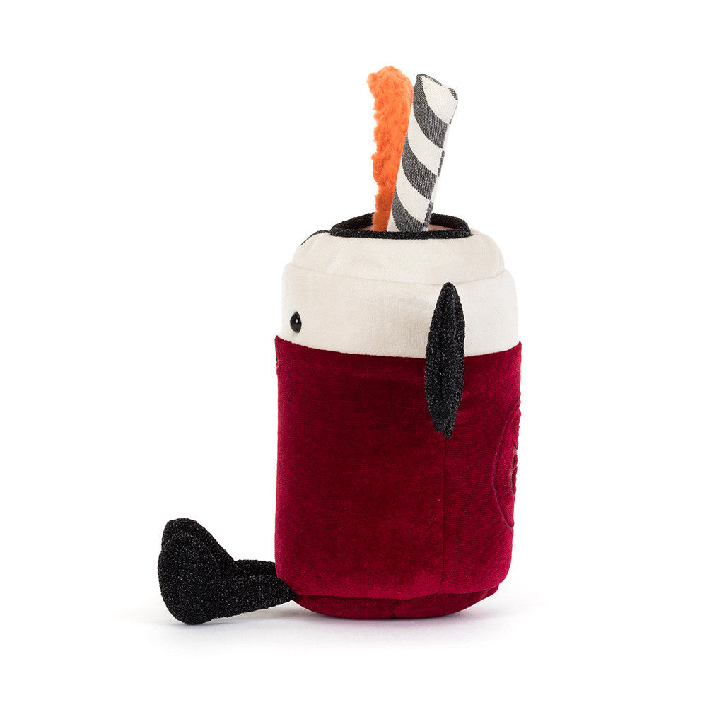 Jellycat Amuseables Vampop Drink red and cream plush Halloween drink with black bat wings, vampire fangs, orange slice and striped straw