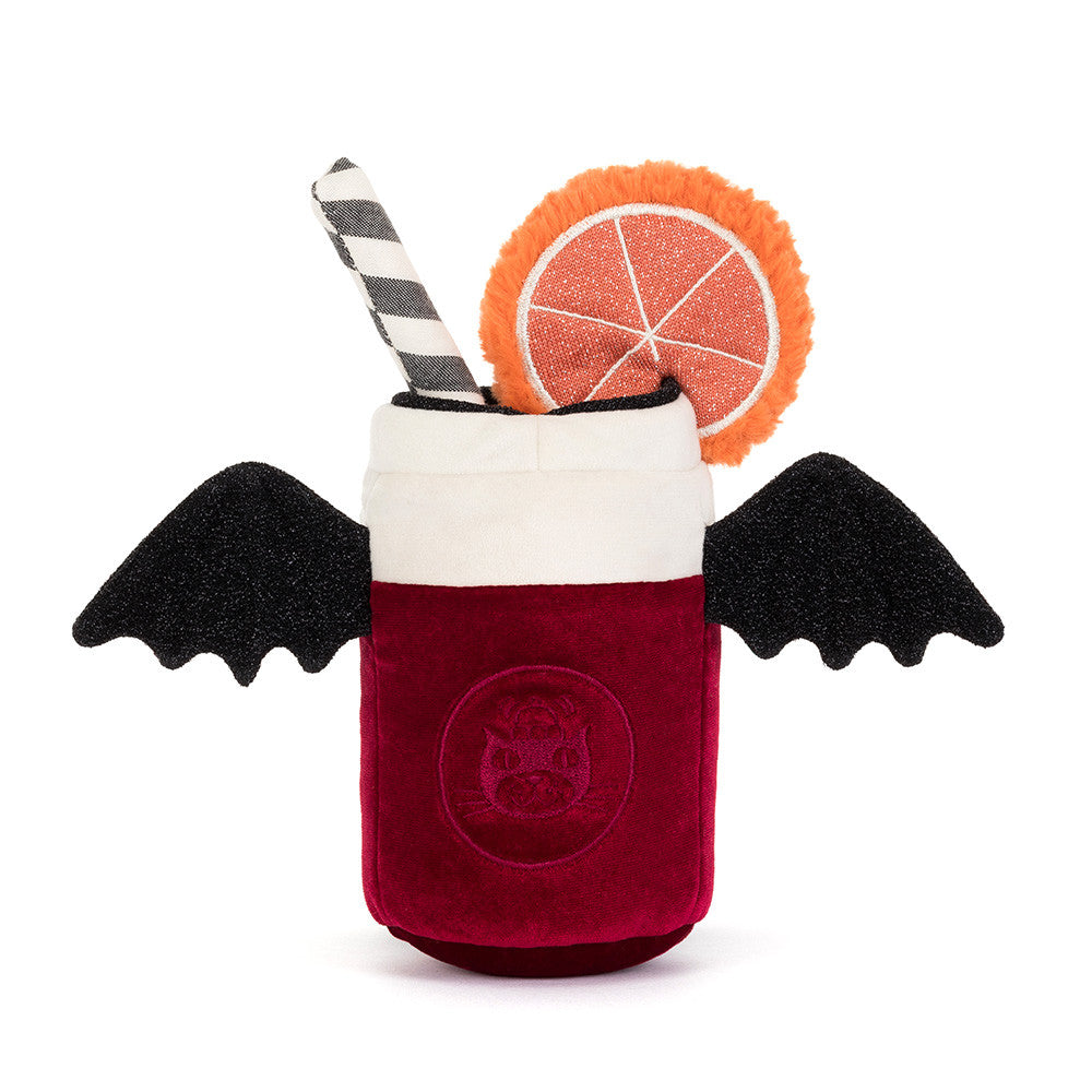 Jellycat Amuseables Vampop Drink red and cream plush Halloween drink with black bat wings, vampire fangs, orange slice and striped straw
