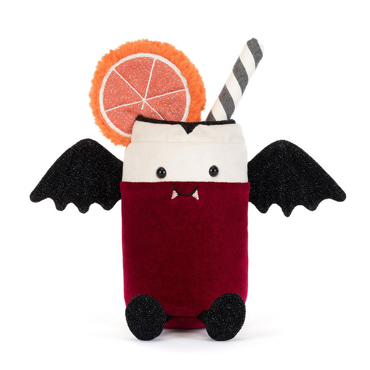 Jellycat Amuseables Vampop Drink red and cream plush Halloween drink with black bat wings, vampire fangs, orange slice and striped straw