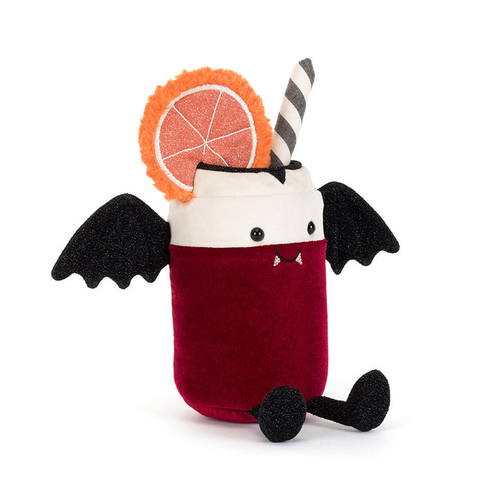Jellycat Amuseables Vampop Drink red and cream plush Halloween drink with black bat wings, vampire fangs, orange slice and striped straw