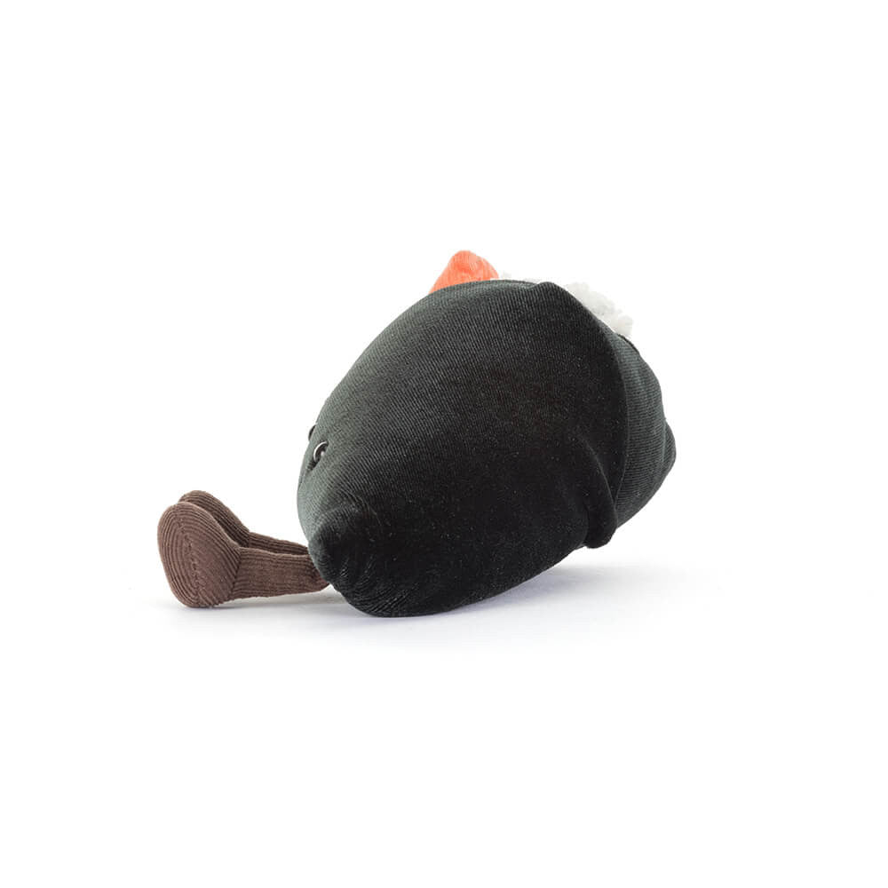 Side view Amuseables Coneroi Temaki plush sushi roll with smiling face, nori wrap, and colorful fillings