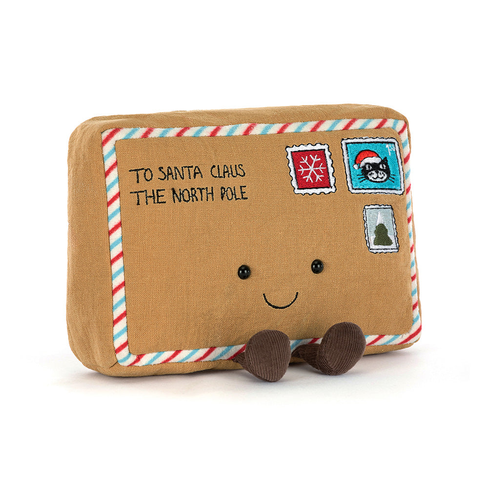 "Amuseables Letter to Santa plush with stamps, candy-cane trim, and back pocket for a note"