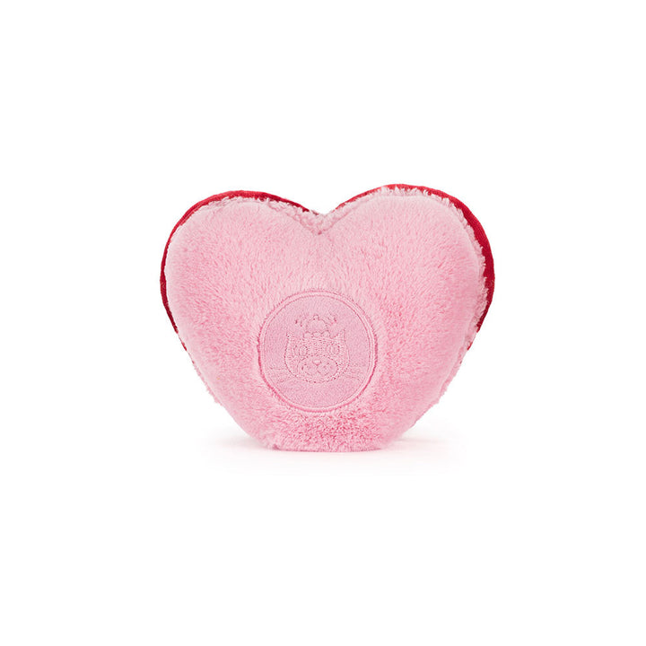 Heart-shaped pink plush macroon with a Jellycat logo on a white background