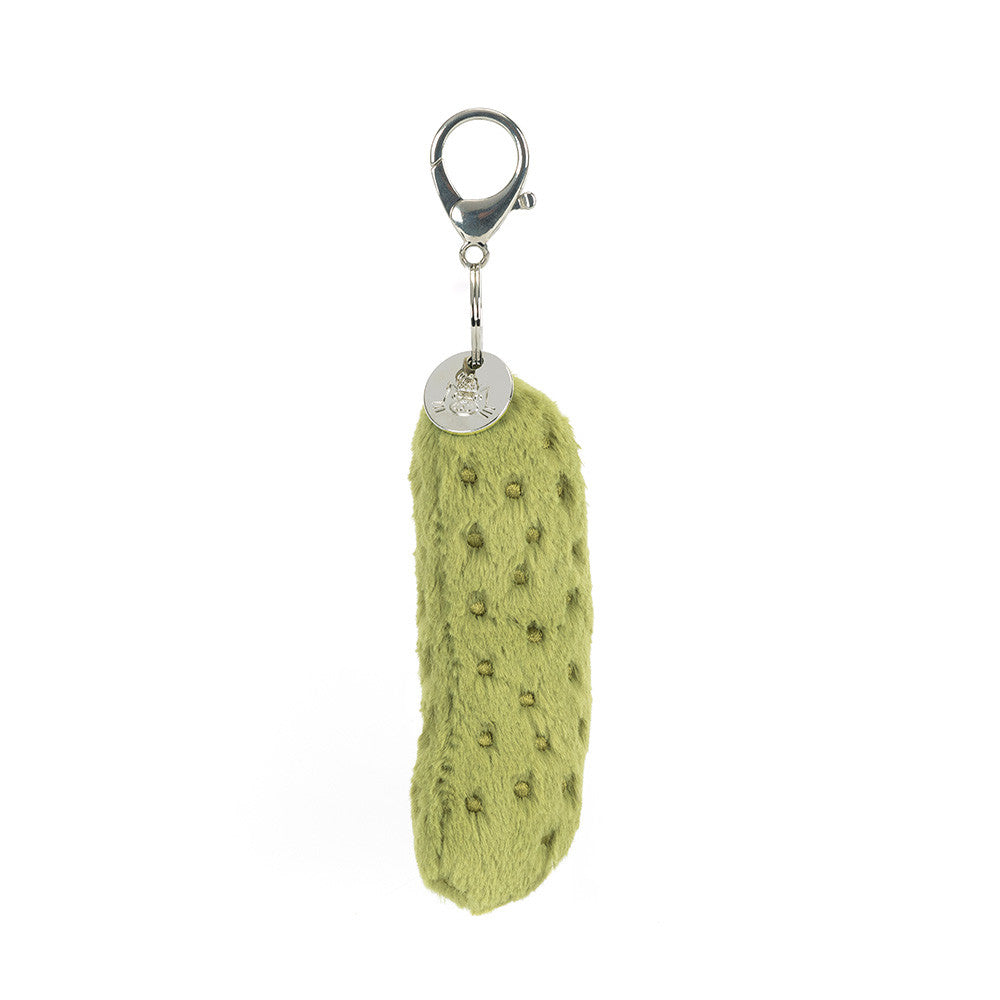 Plush pickle bag charm with clip and keyring attachment
