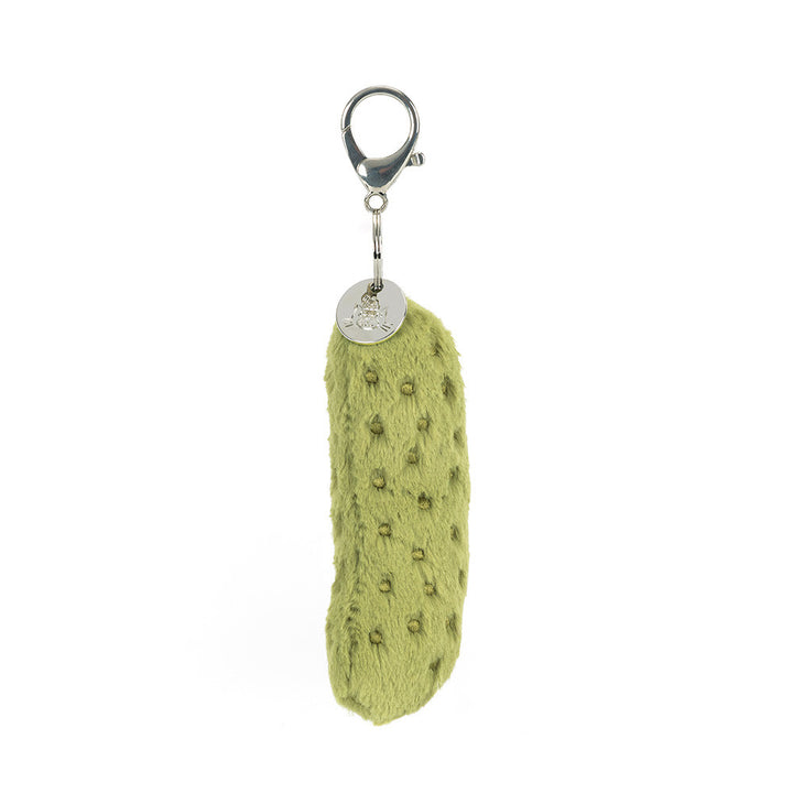 Plush pickle bag charm with clip and keyring attachment