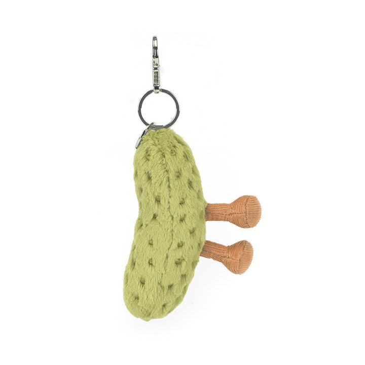 Plush pickle bag charm with clip and keyring attachment