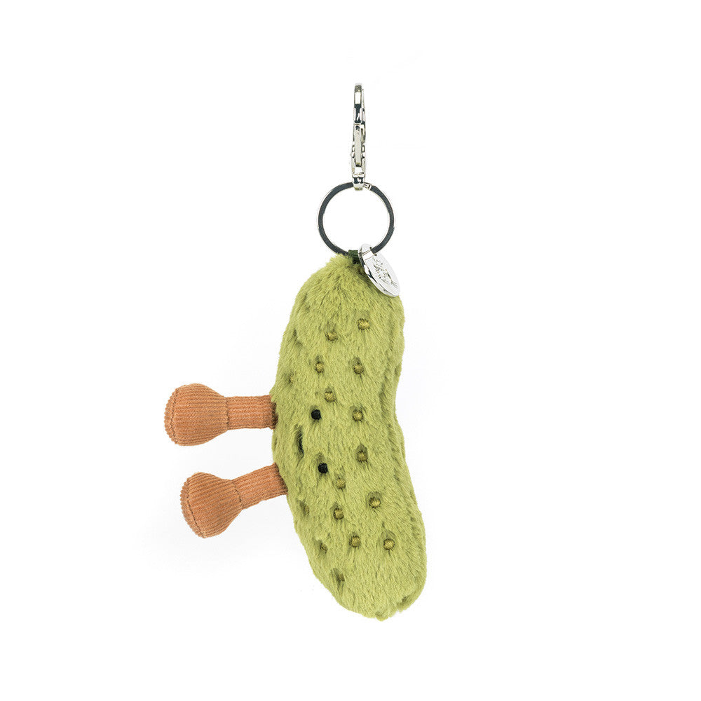 Plush pickle bag charm with clip and keyring attachment