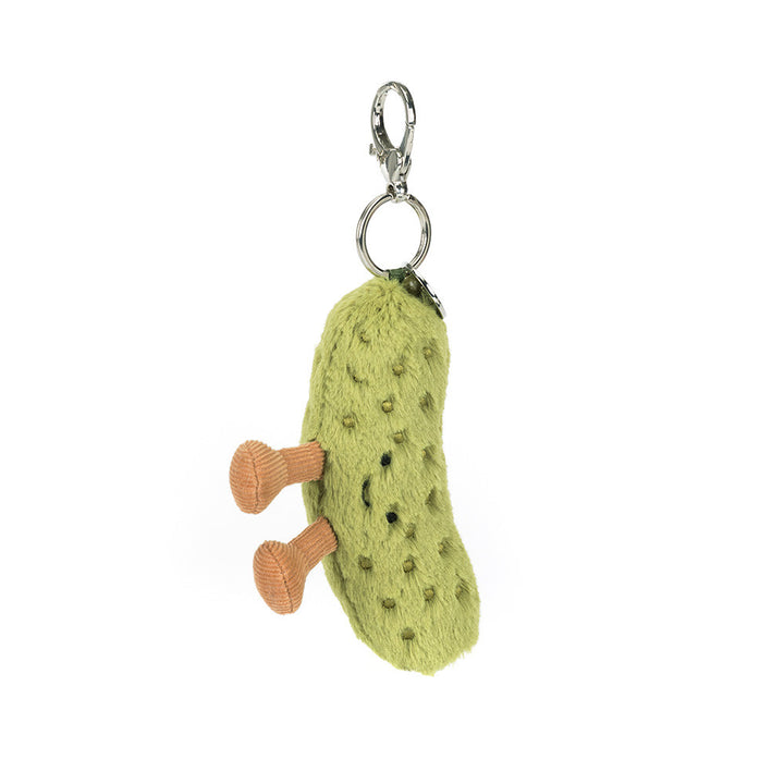Plush pickle bag charm with clip and keyring attachment