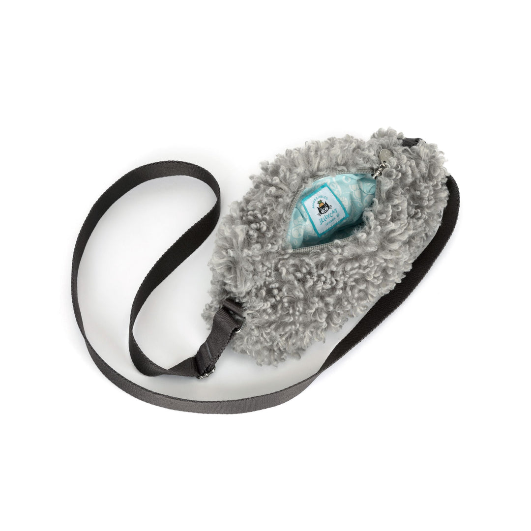 gray storm cloud plush shoulder bag with curly textured fur, adjustable strap on a white background