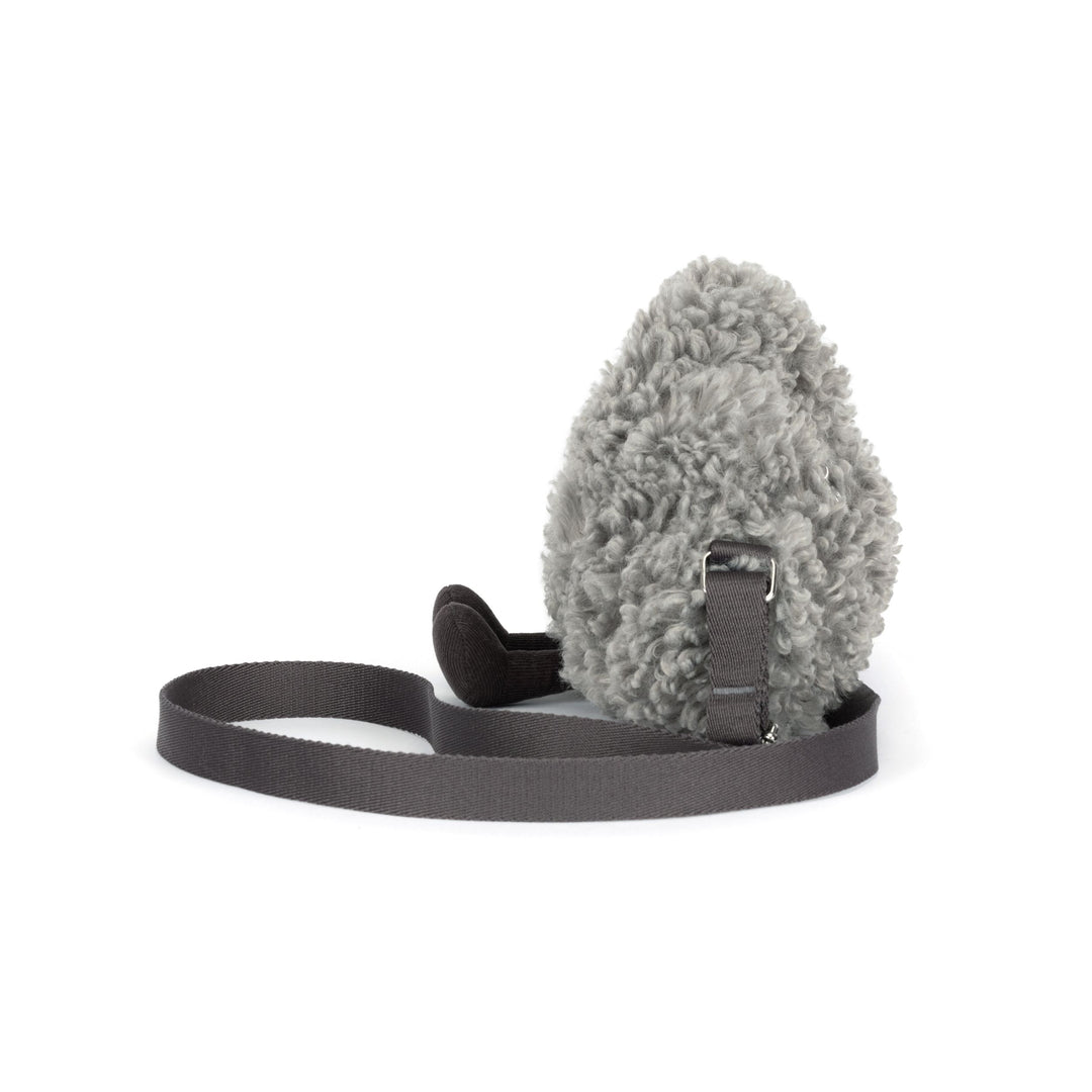 gray storm cloud plush shoulder bag with curly textured fur, adjustable strap, on a white background