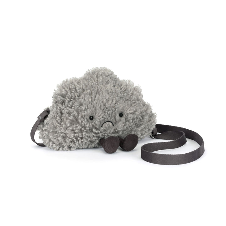 gray storm cloud plush shoulder bag with curly textured fur, adjustable strap, corduroy feet, and a playful grumpy face on a white background