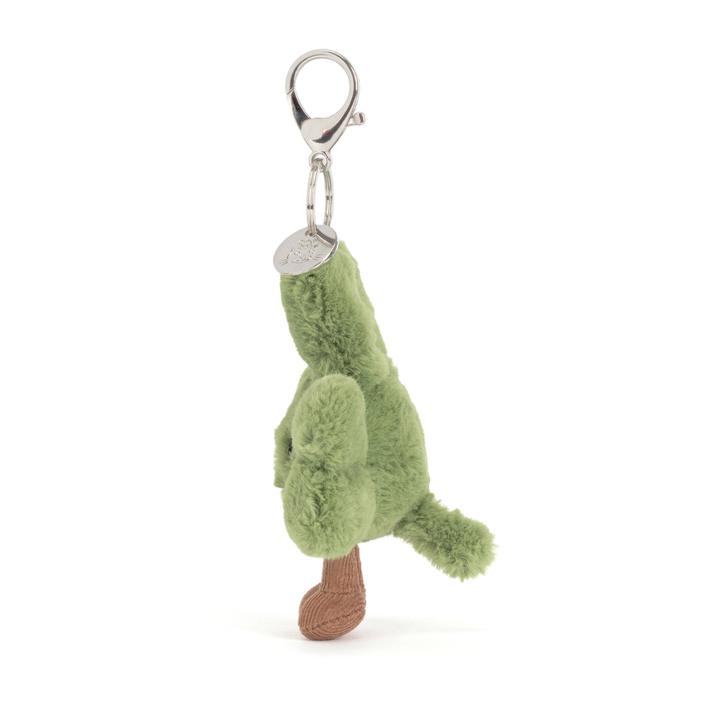Amuseables Siofra Shamrock plush bag charm with soft green leaves, smiling face, corduroy legs, and silver clip on a white background