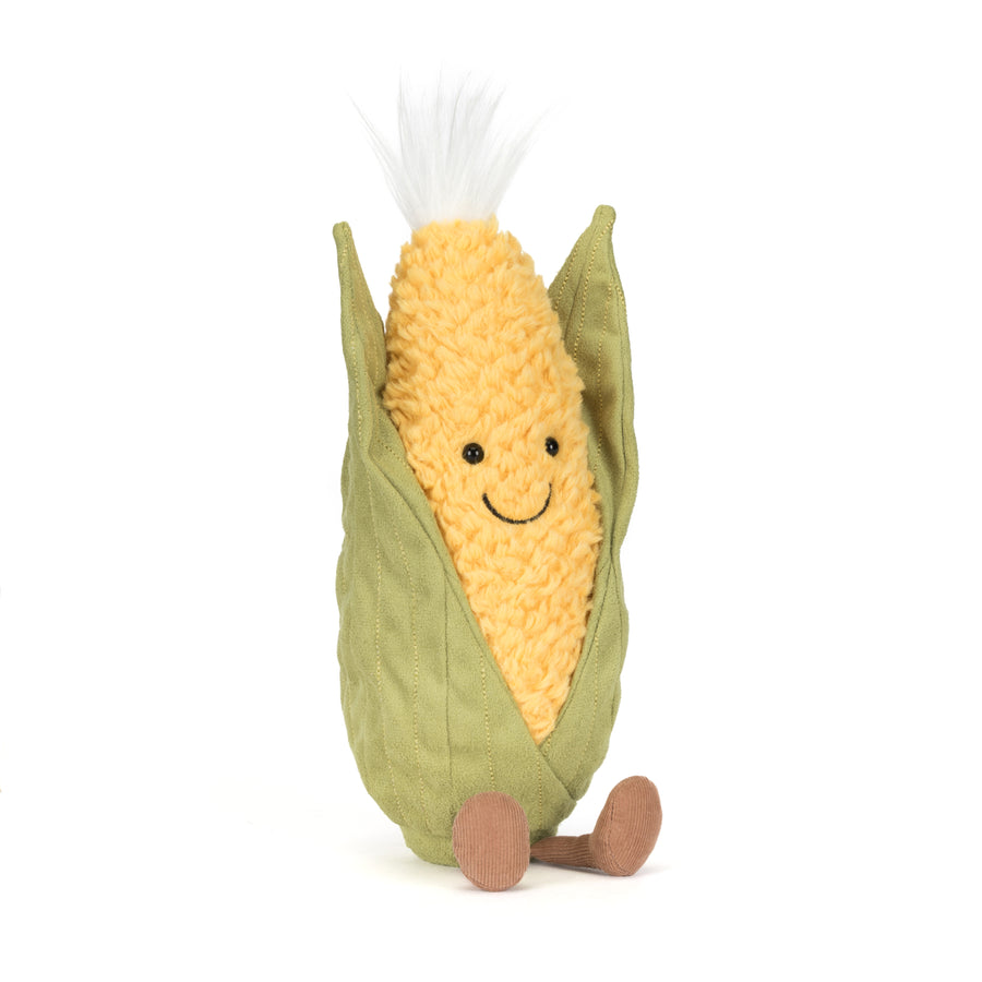 Amuseables Sweetcorn plush with soft yellow textured kernels, green husk detailing, and a smiling face on a white background