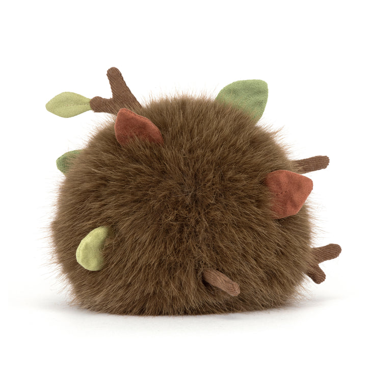 Amuseables Mulshi Woodland Floor Jellycat plush with fluffy brown fur, leaves and twigs on a white background.