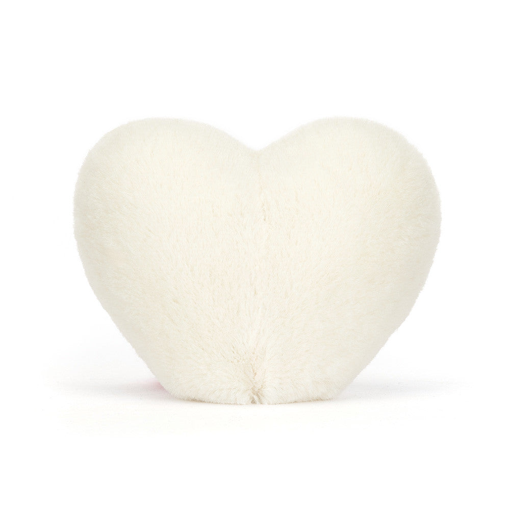 Rear facing Jellycat Amuseables Heart Boiled Egg plush with cream heart shape.