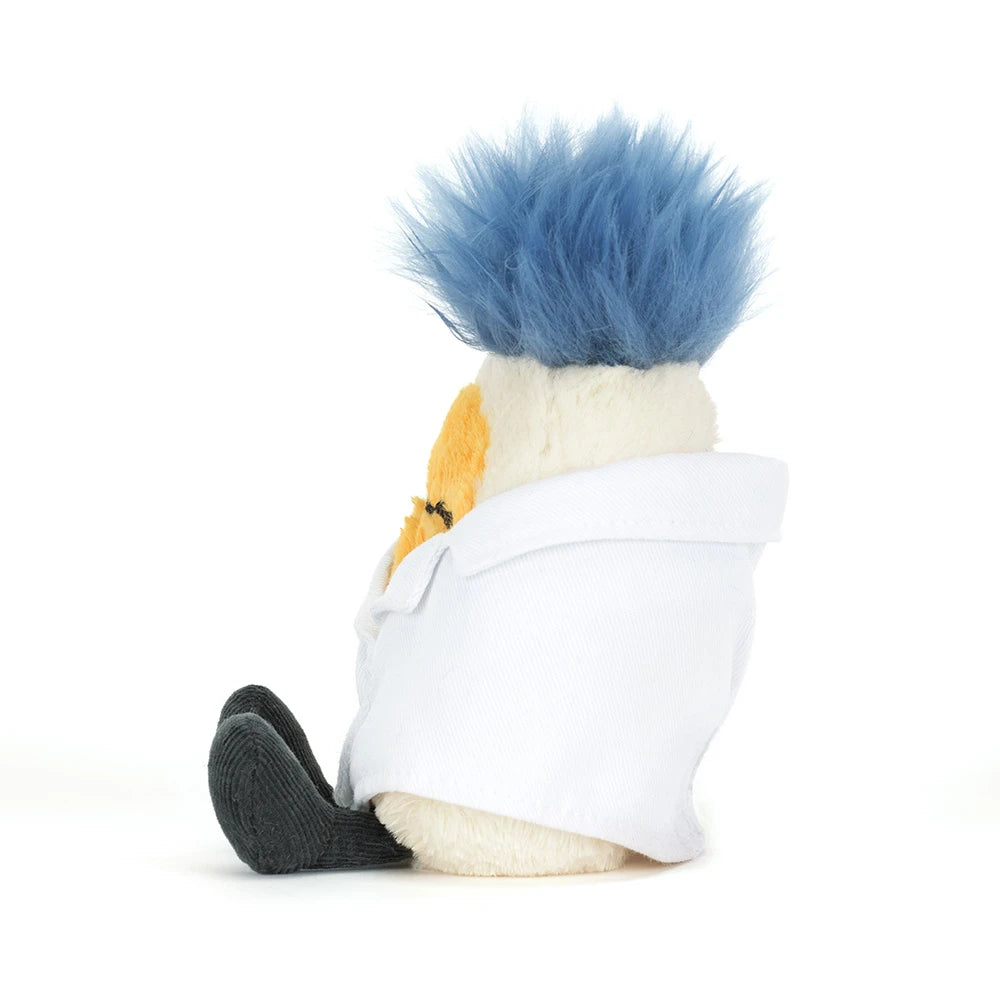amuseables boiled egg scientist plush with glasses, blue hair and lab coat