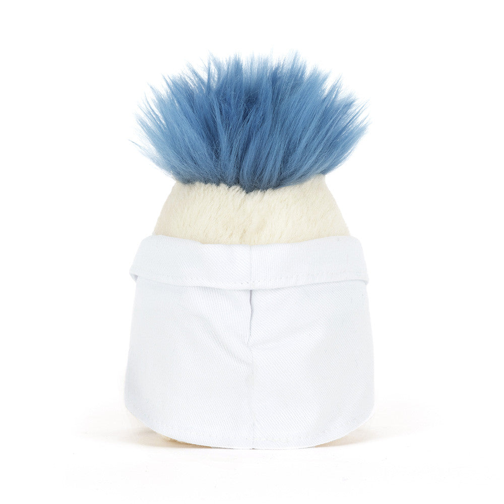 amuseables boiled egg scientist plush with blue hair and lab coat. Back view