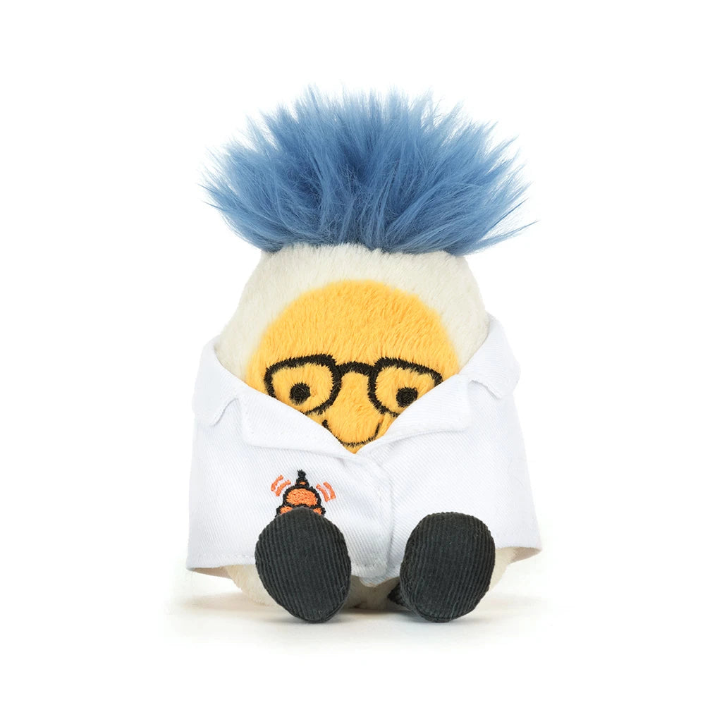 amuseables boiled egg scientist plush with glasses, blue hair and lab coat