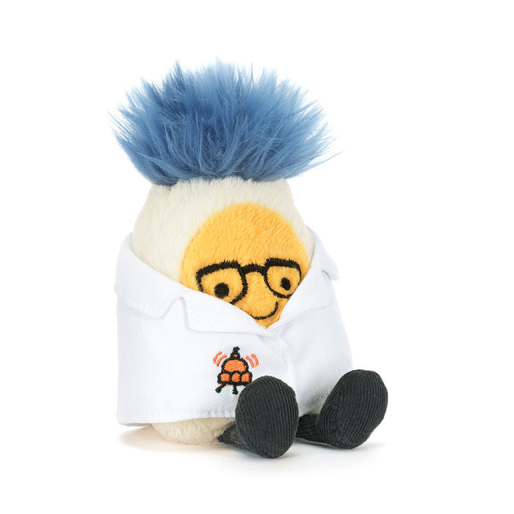 amuseables boiled egg scientist plush with glasses, blue hair and lab coat