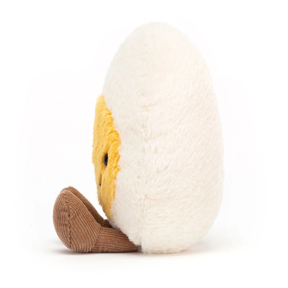 Jellycat Amuseables Happy Boiled Egg cream plush egg with smiling golden yellow yolk and brown corduroy feet