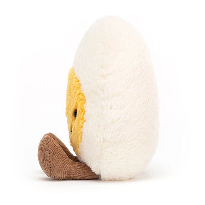 Jellycat Amuseables Happy Boiled Egg cream plush egg with smiling golden yellow yolk and brown corduroy feet