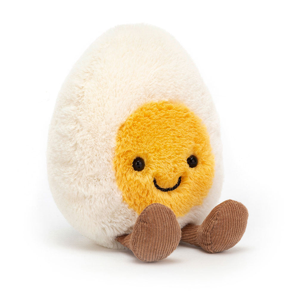 Jellycat Amuseables Happy Boiled Egg cream plush egg with smiling golden yellow yolk and brown corduroy feet