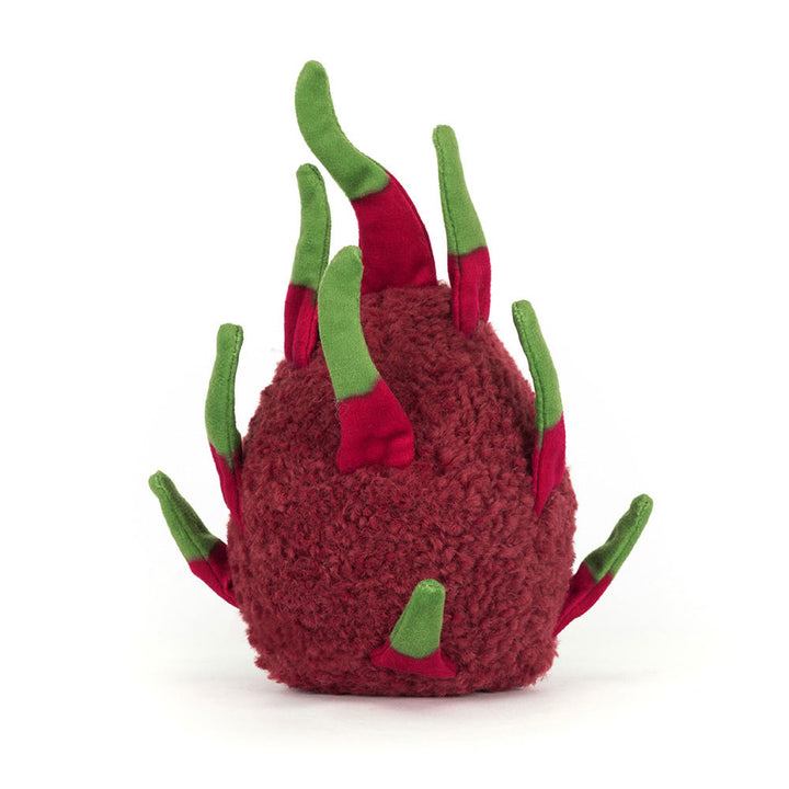 Jellycat Amuseables Dragon Fruit, back view, showing its textured fuchsia body and multiple green and fuchsia spiky leaves.