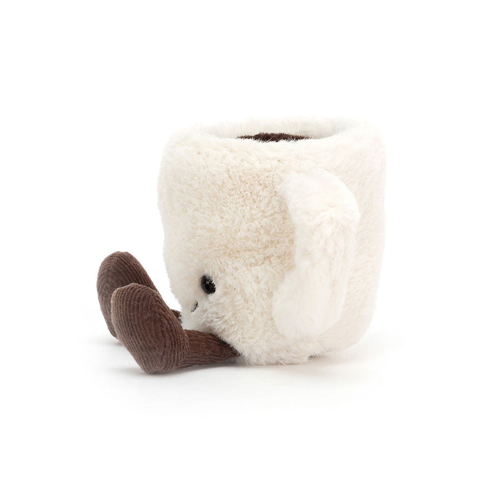 smiling espresso cup plush with cream fur and corduroy legs