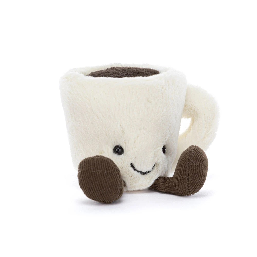 smiling espresso cup plush with cream fur and corduroy legs