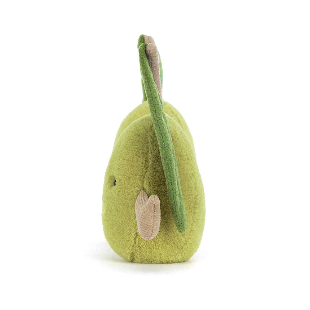 Two smiling plush olives connected by ribbon and velcro hands with soft green leaves left facing profile