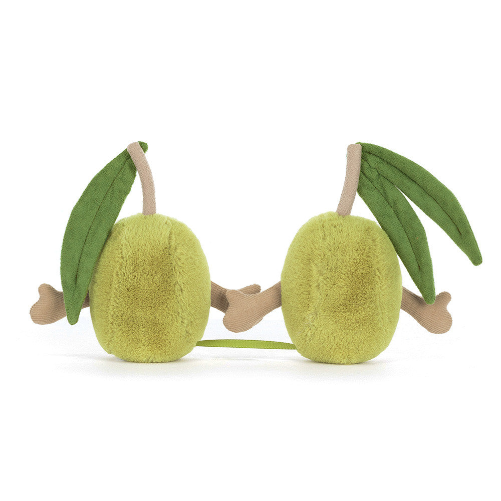 Two smiling plush olives connected by ribbon and velcro hands with soft green leaves back view