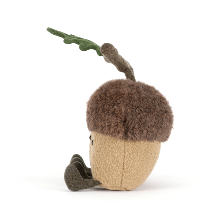 Jellycat Amuseables Ort & Tum Acorns plush featuring two acorns connected by a soft oak branch with green leaves.