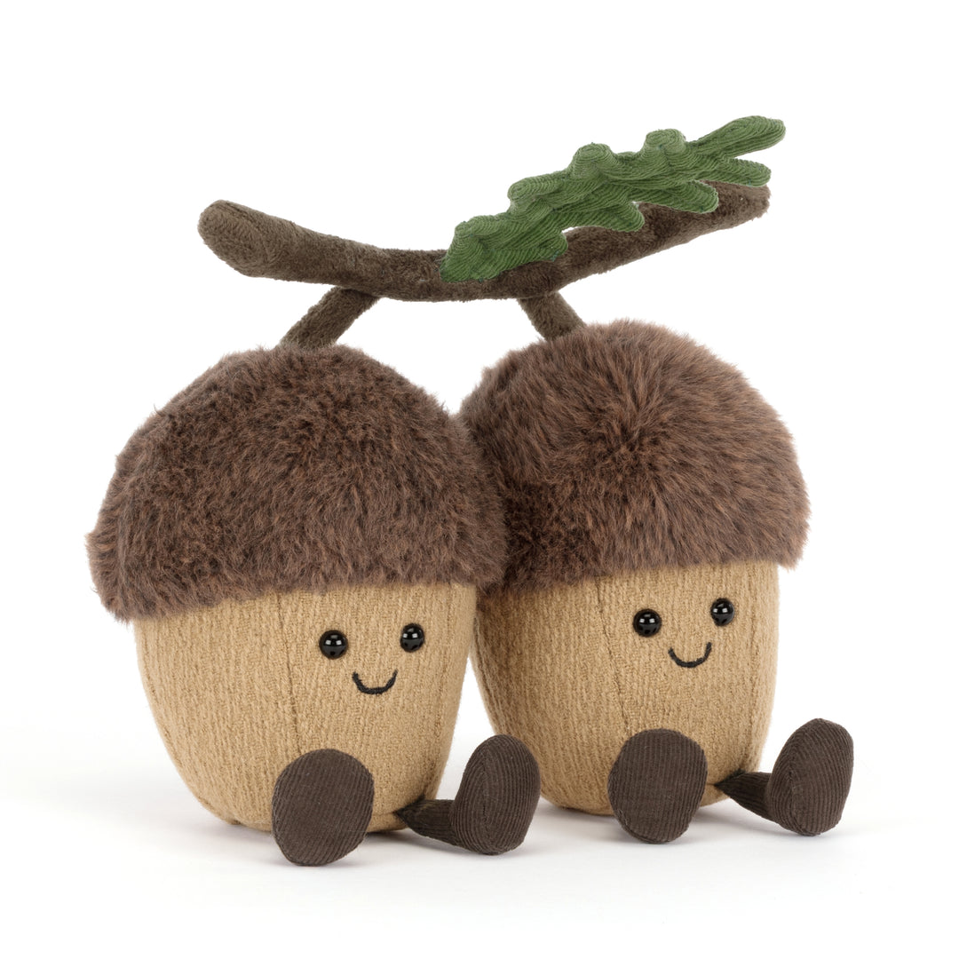 Jellycat Amuseables Ort & Tum Acorns plush featuring two smiling acorns connected by a soft oak branch with green leaves.