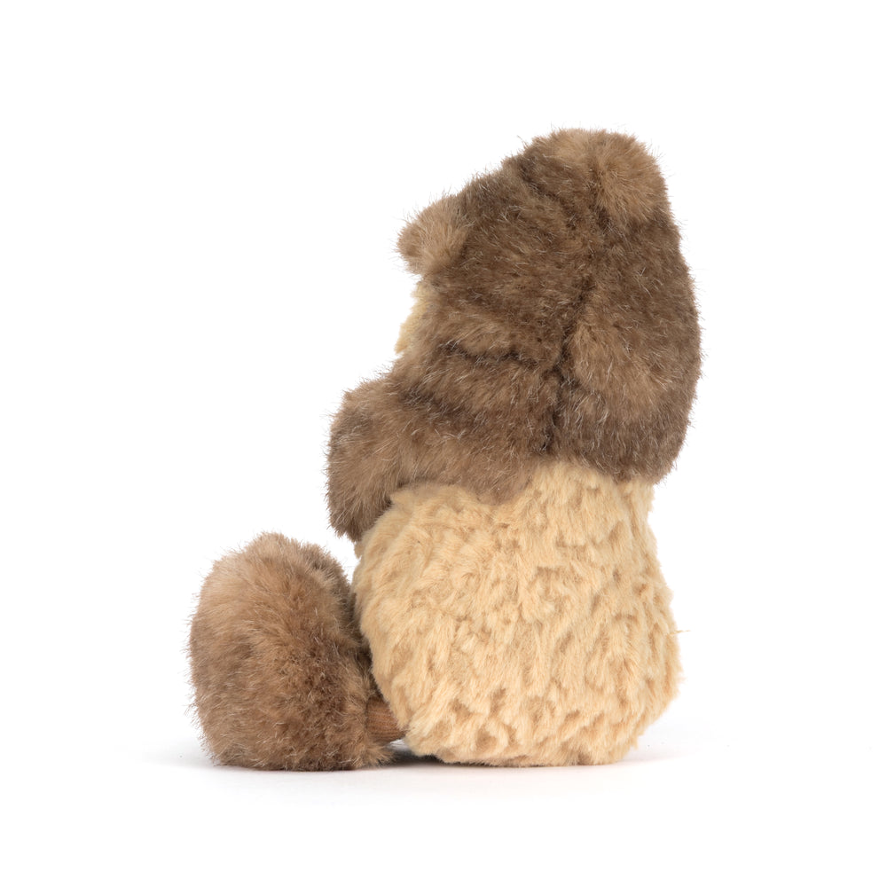 Jellycat Amuseables Peanut Yeti Outfit plush dressed in a fluffy brown and cream Yeti costume with oversized fuzzy feet.