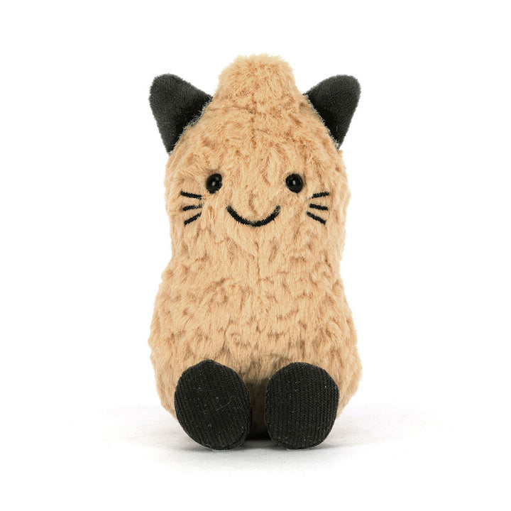 Jellycat Amuseables Peanut Cat golden tan plush peanut with black cat ears whiskers paws and curled tail