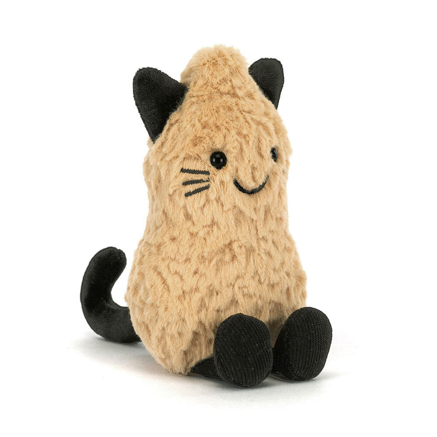Jellycat Amuseables Peanut Cat golden tan plush peanut with black cat ears whiskers paws and curled tail