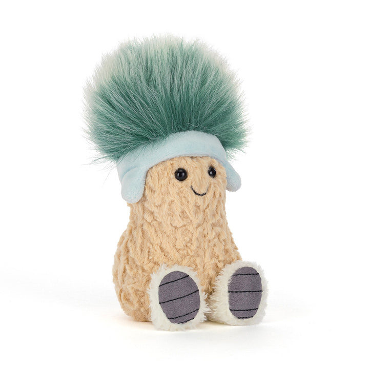 Jellycat Amuseables Peanut Après Ski plush with fluffy green hat and fur boots.