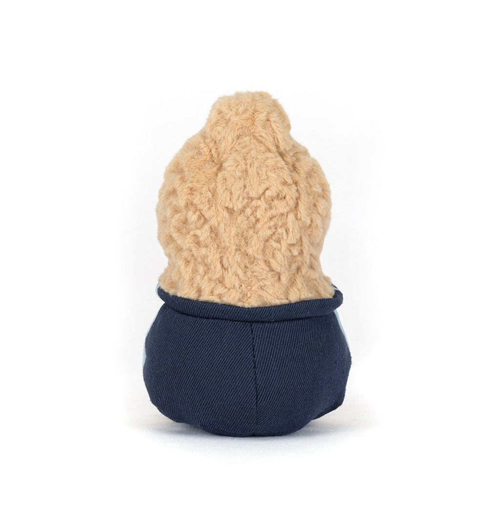 Smiling plush peanut wearing glasses and a star student outfit. back view