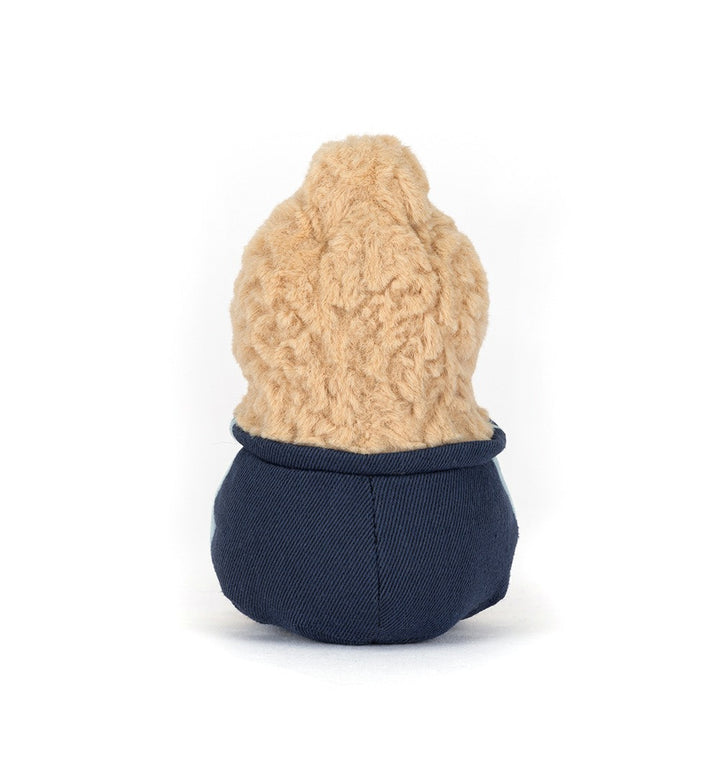 Smiling plush peanut wearing glasses and a star student outfit. back view