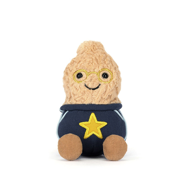 Smiling plush peanut wearing glasses and a star student outfit
