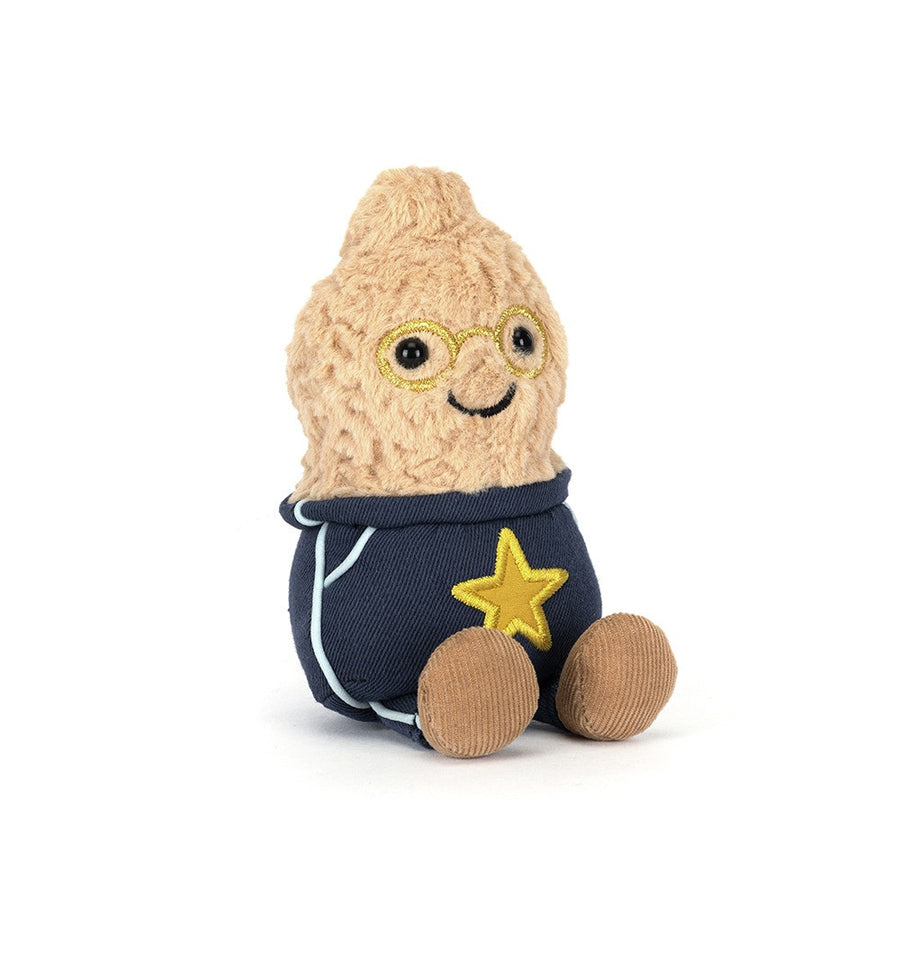 Smiling plush peanut wearing glasses and a star student outfit