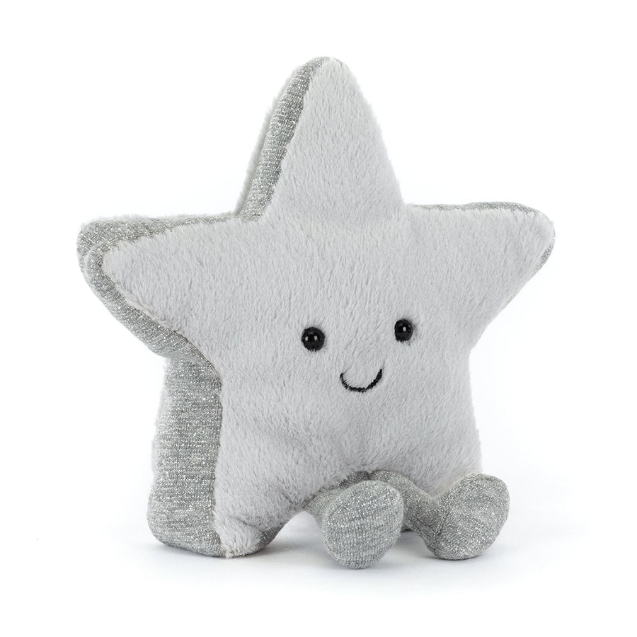 "Amuseables Silver Star plush with sparkly details and smiling face"