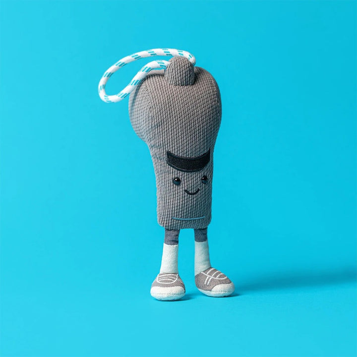 Jellycat Amuseables Sports Walston Whistle grey corduroy plush whistle with turquoise cord, smiling face and cream sneaker feet