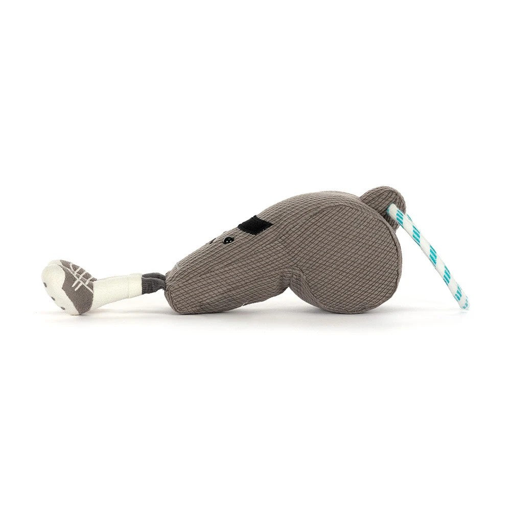Jellycat Amuseables Sports Walston Whistle grey corduroy plush whistle with turquoise cord, smiling face and cream sneaker feet