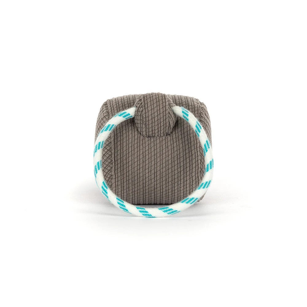 Jellycat Amuseables Sports Walston Whistle grey corduroy plush whistle with turquoise cord, smiling face and cream sneaker feet