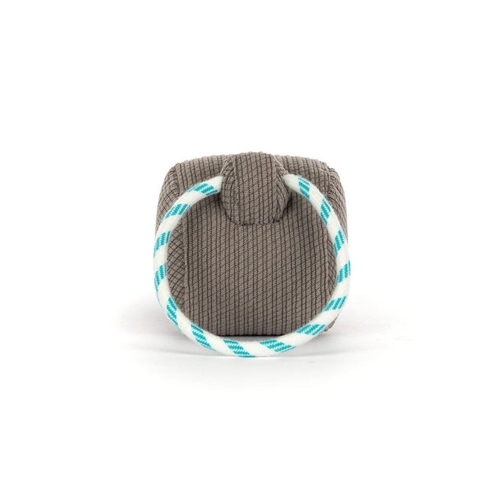 Jellycat Amuseables Sports Walston Whistle grey corduroy plush whistle with turquoise cord, smiling face and cream sneaker feet