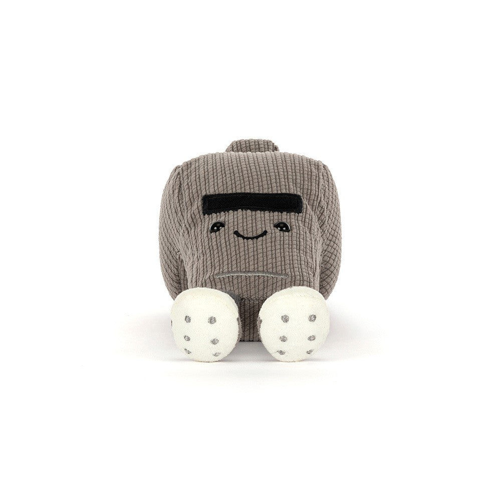 Jellycat Amuseables Sports Walston Whistle grey corduroy plush whistle with turquoise cord, smiling face and cream sneaker feet