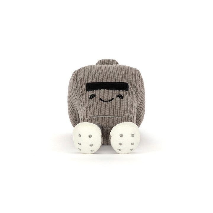 Jellycat Amuseables Sports Walston Whistle grey corduroy plush whistle with turquoise cord, smiling face and cream sneaker feet