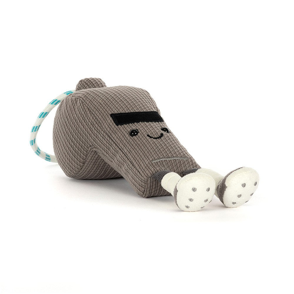 Jellycat Amuseables Sports Walston Whistle grey corduroy plush whistle with turquoise cord, smiling face and cream sneaker feet